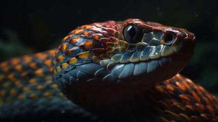 Fototapeta premium Red and blue snake portrait in dark, generative ai