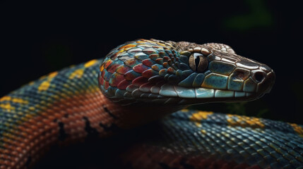 Fototapeta premium Red and blue snake portrait in dark, generative ai