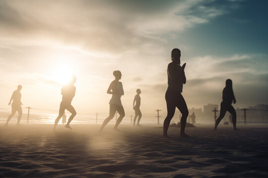 Picture of a group of people doing a beach workout, World health day, bokeh Generative AI