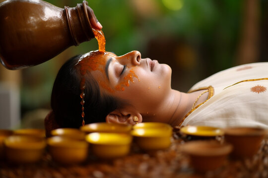 Picture of a person receiving an ayurvedic treatment, World health day, bokeh Generative AI