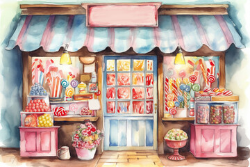 Exterior of a candy shop watercolor, Generative AI