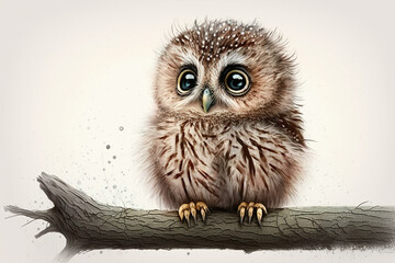 Little owl on a branch isolated on a white background Generative AI