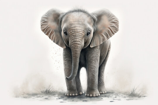 Baby Elephant Standing Isolated On A White Background Generative AI