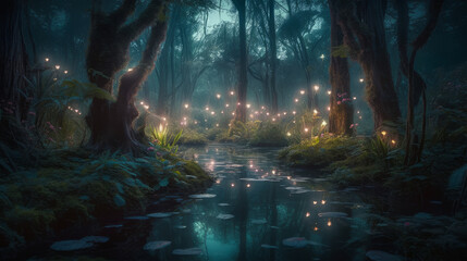 A lush magical forest filled with a mythical creatures, generative ai