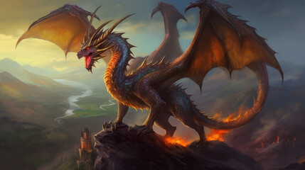 dragon in the night, mystical dragon perched on a rocky terrain with valley behind him, generative ai