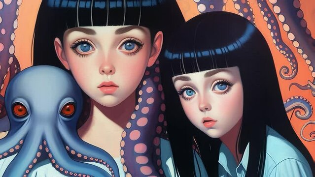 Big Eyed Girl Sisters with Draped Tentacles and a Pet Octopus. Looping. Slowly Morphing Animation. Sci-Fi / Fantasy / Horror Seamless Loop. Lofi, Anime, Vtuber, Streamer Style Animated Background.