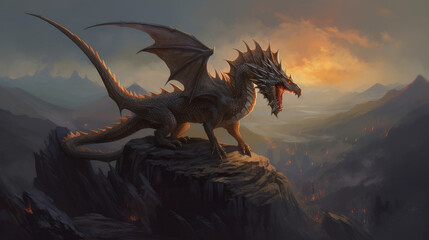 dragon in the night, mystical dragon perched on a rocky terrain with valley behind him, generative ai
