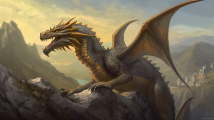 dragon in the night, mystical dragon perched on a rocky terrain with valley behind him, generative ai