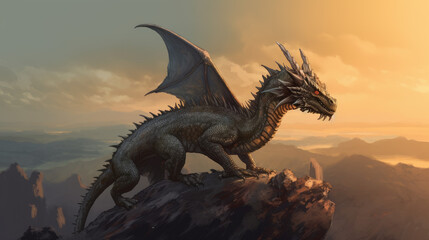 dragon in the night, mystical dragon perched on a rocky terrain with valley behind him, generative ai