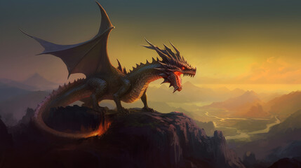 Obraz premium dragon in the night, mystical dragon perched on a rocky terrain with valley behind him, generative ai