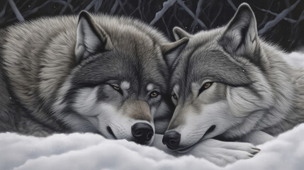 region wolf canis lupus arctos, a pair of wolves snuggling in the snow, generative ai