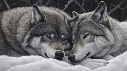Obraz premium region wolf canis lupus arctos, a pair of wolves snuggling in the snow, generative ai