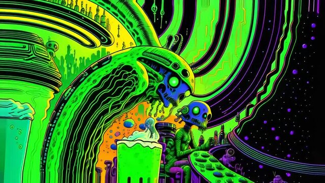 Journey Through a Psychedelic Alien Bar in Outer Space. Acid Green  Extraterrestrials, Tables, Bartender, Cocktails, Mixed Drinks. Retro  Future. Fantasy / Science Fiction / Horror Clip.