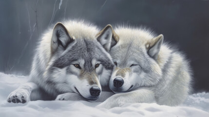 Obraz premium region wolf canis lupus arctos, a pair of wolves snuggling in the snow, generative ai
