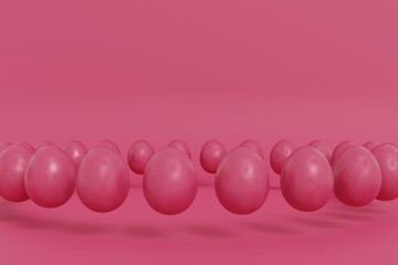 Magenta eggs on a magenta background. Easter holiday concept illustration. Trendy magenta color flat lay background. 3d render illustration