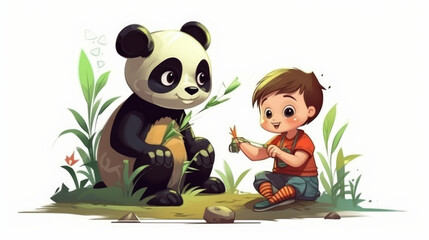 panda and bamboo, panda and boy eating a bamboo, generative ai