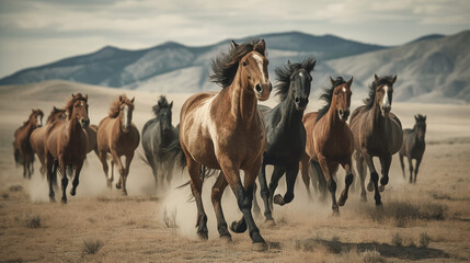 Fototapeta na wymiar Group of majestatic and graceful horses, generative ai