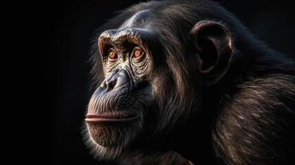 A portrait of a chimpanzee on a dark background, generative ai