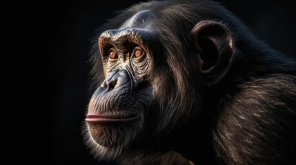 Fototapeta premium A portrait of a chimpanzee on a dark background, generative ai