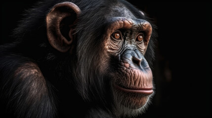 Naklejka premium A portrait of a chimpanzee on a dark background, generative ai