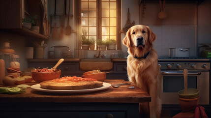 dog in the kitchen, golden retriever as a chef, generative ai