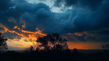 fire in the clouds, orange clouds in a vibrant blue sky, generative ai
