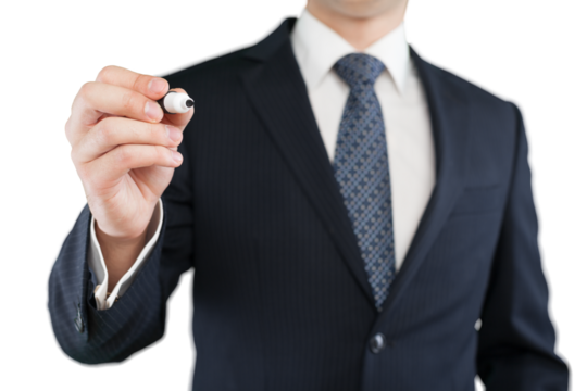 Businessman hand writing on white background