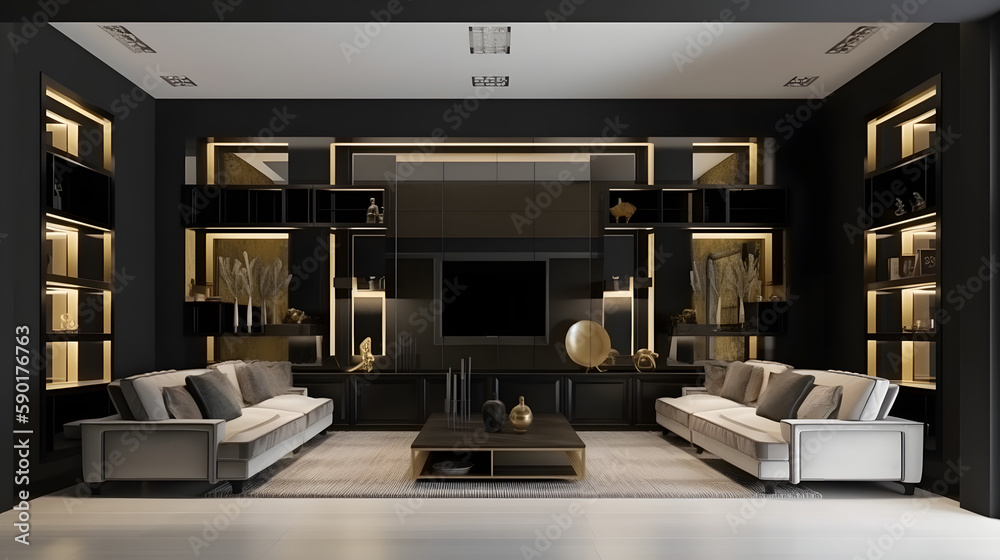 Wall mural perspective of the living room interior with luxurious black and gold tones, ultra wide shot, overvi