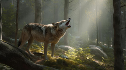 portrait of a wolf, wolf howls  at edge of a forest with fog behind him, generative ai