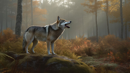portrait of a wolf, wolf howls  at edge of a forest with fog behind him, generative ai