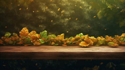 autumn leaves on a wooden table, wooden table topped with leaves under a tree in autumn, generative ai