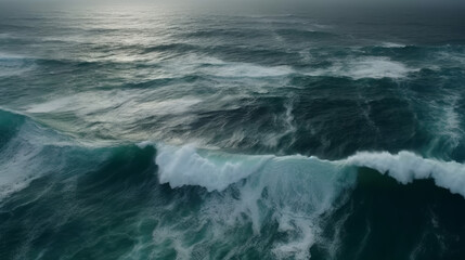 Fototapeta premium Aerial view of big waves on ocean, generative ai