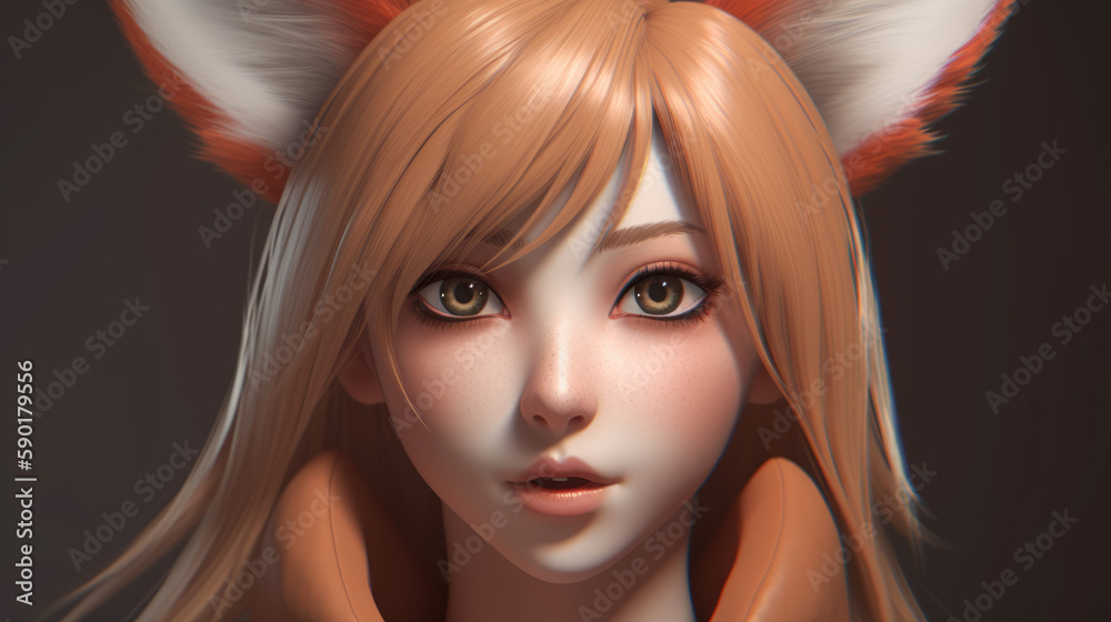 Poster portrait of the girl with red hair, anime fox girl, generative ai