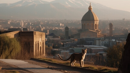 Obraz premium Cat in an old city street, generative ai