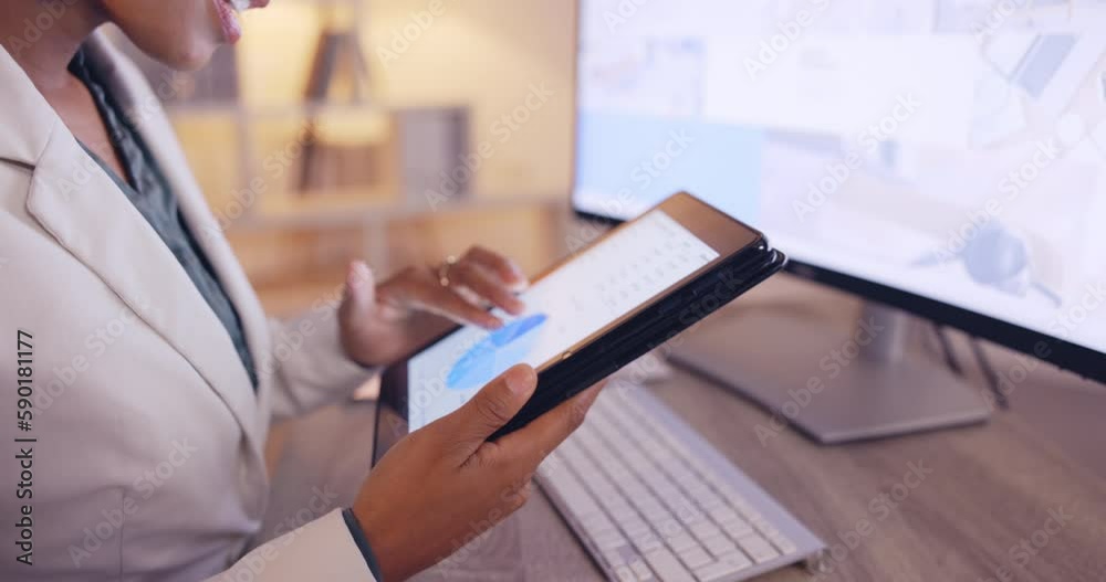Poster chart, business and tablet with hands of woman in office for website, branding and growth data analy