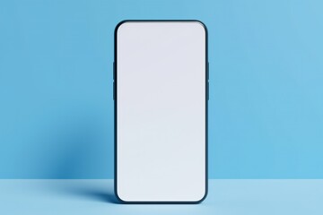 close-up of a modern smartphone with a white colored screen on a light blue colored background
