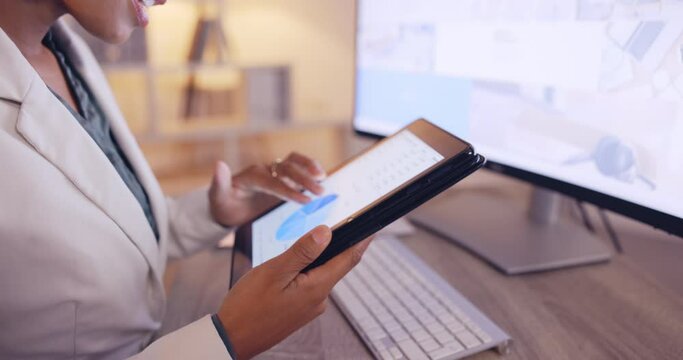 Chart, business and tablet with hands of woman in office for website, branding and growth data analysis. Review, night and corporate with employee at computer for planning, proposal and commitment