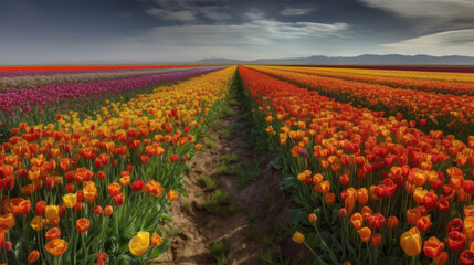 field of tulips and windmill, colorful tulip fields in a vast open landscape, generative ai