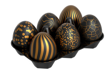 Golden and black Easter eggs in basket or tray and chocolate eggs