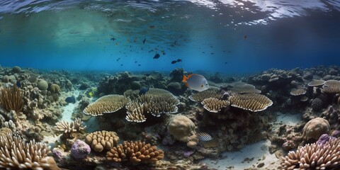 Fototapeta na wymiar Under the water. Underwater panorama with coral reefs and fishes. Background. Underwater scene - tropical seabed with reef and sun. Generative AI