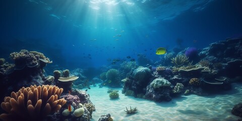Obraz premium Under the water. Underwater panorama with coral reefs and fishes. Background. Underwater scene - tropical seabed with reef and sun. Generative AI