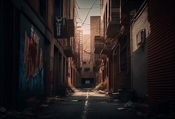 Desolate urban alley surrounded by buildings. Generative AI