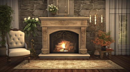 Luxury living room with fireplace, generative ai