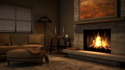 Luxury living room with fireplace, generative ai