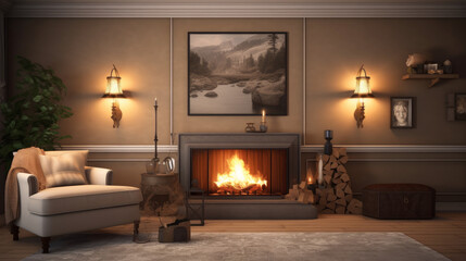 Luxury living room with fireplace, generative ai