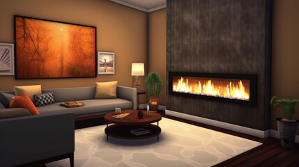 Luxury living room with fireplace, generative ai