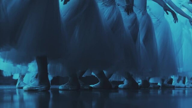 The ballerinas stand in a row and change the position of her legs. then they run out of the frame. dance of ballerinas on stage. The position of the legs in ballet