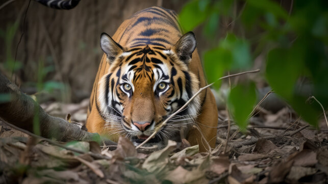 Crouching tiger on the hount for his prey, generative ai