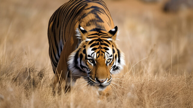 Crouching tiger on the hount for his prey, generative ai