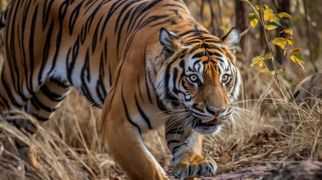 Crouching tiger on the hount for his prey, generative ai
